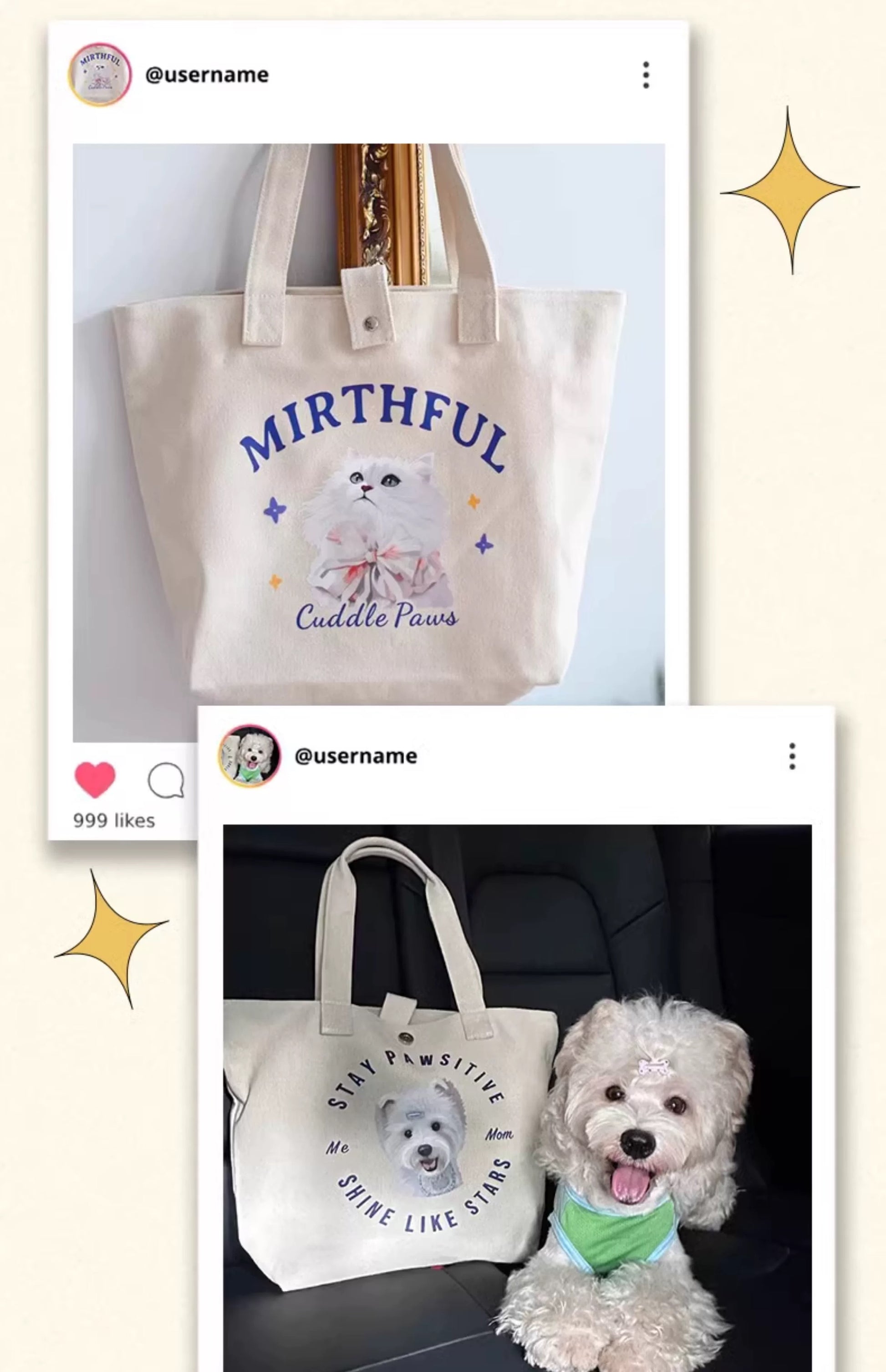 Personalized shopping tote bag with cartoon pet face