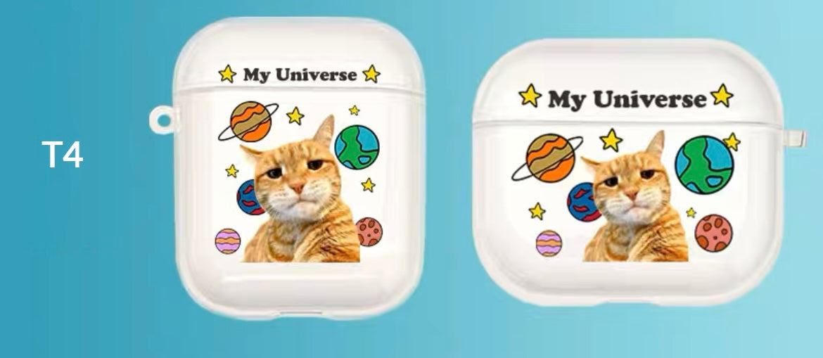 A custom AirPods case with a cat's face and the text 'My sweetie', along with decorative flowers and hearts.