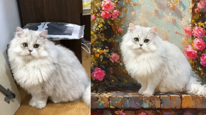 White cat in two settings: real-life and painted with flowers