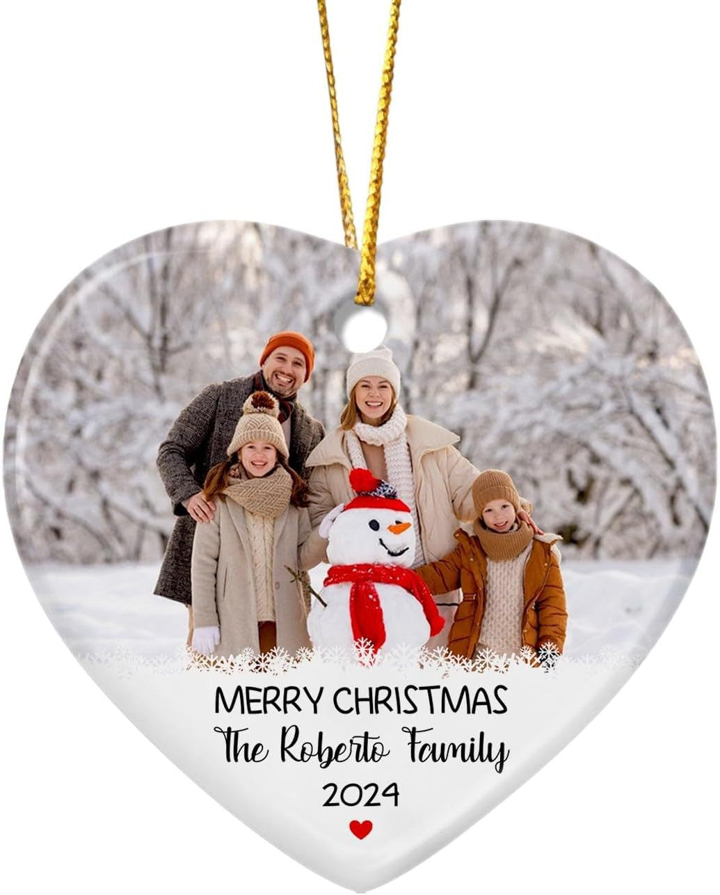 Custom heart-shaped ceramic ornament featuring a photo