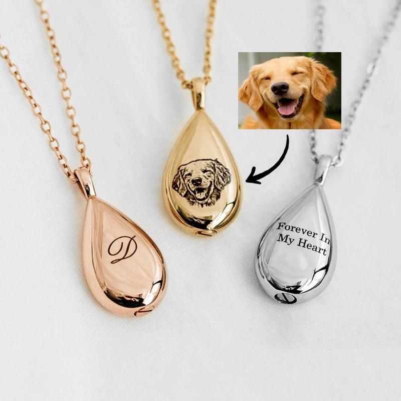 Three teardrop-shaped pendants on gold, rose gold, and silver chains with Personalized engraved text.