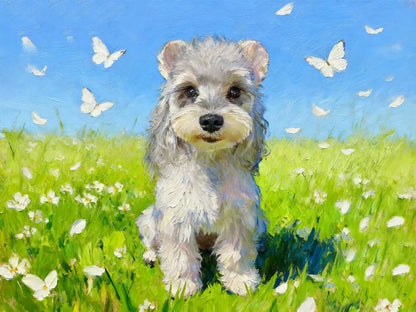 Dog sitting in a field of flowers with butterflies on a blue sky background