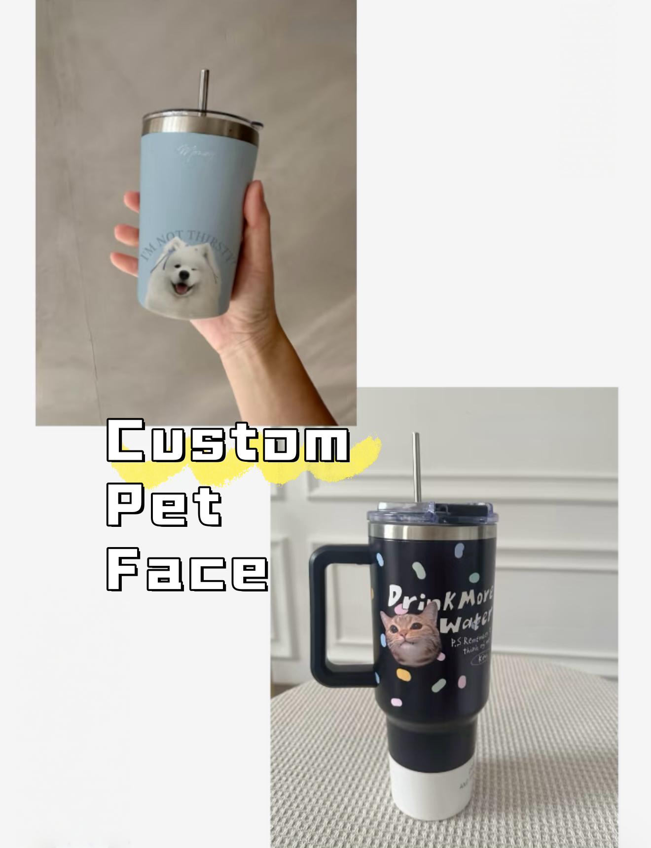 Two tumblers with custom pet faces on a neutral background