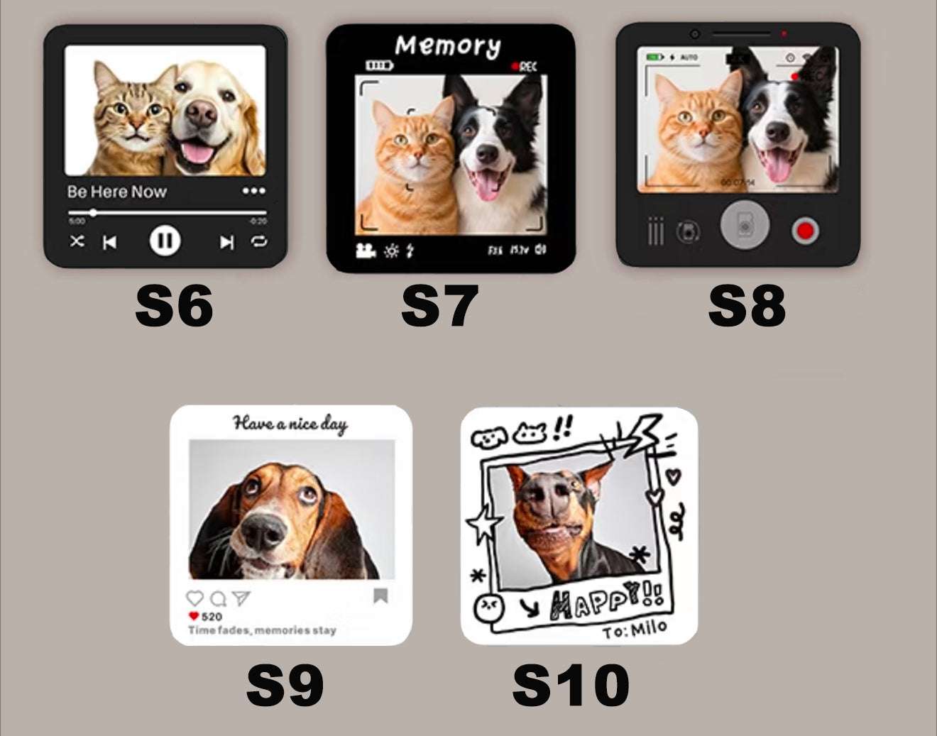 Five different smartphone screen designs with pet photos on a gray background