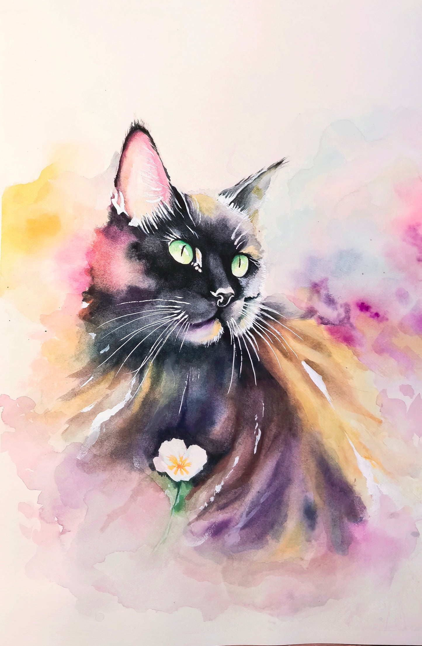 Watercolor painting of a black cat with a flower on a colorful background