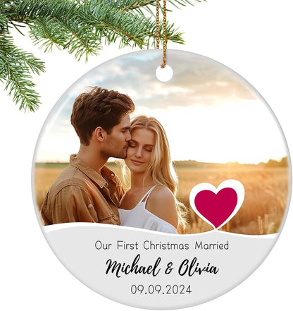 Personalized ceramic heart ornament celebrating a wedding