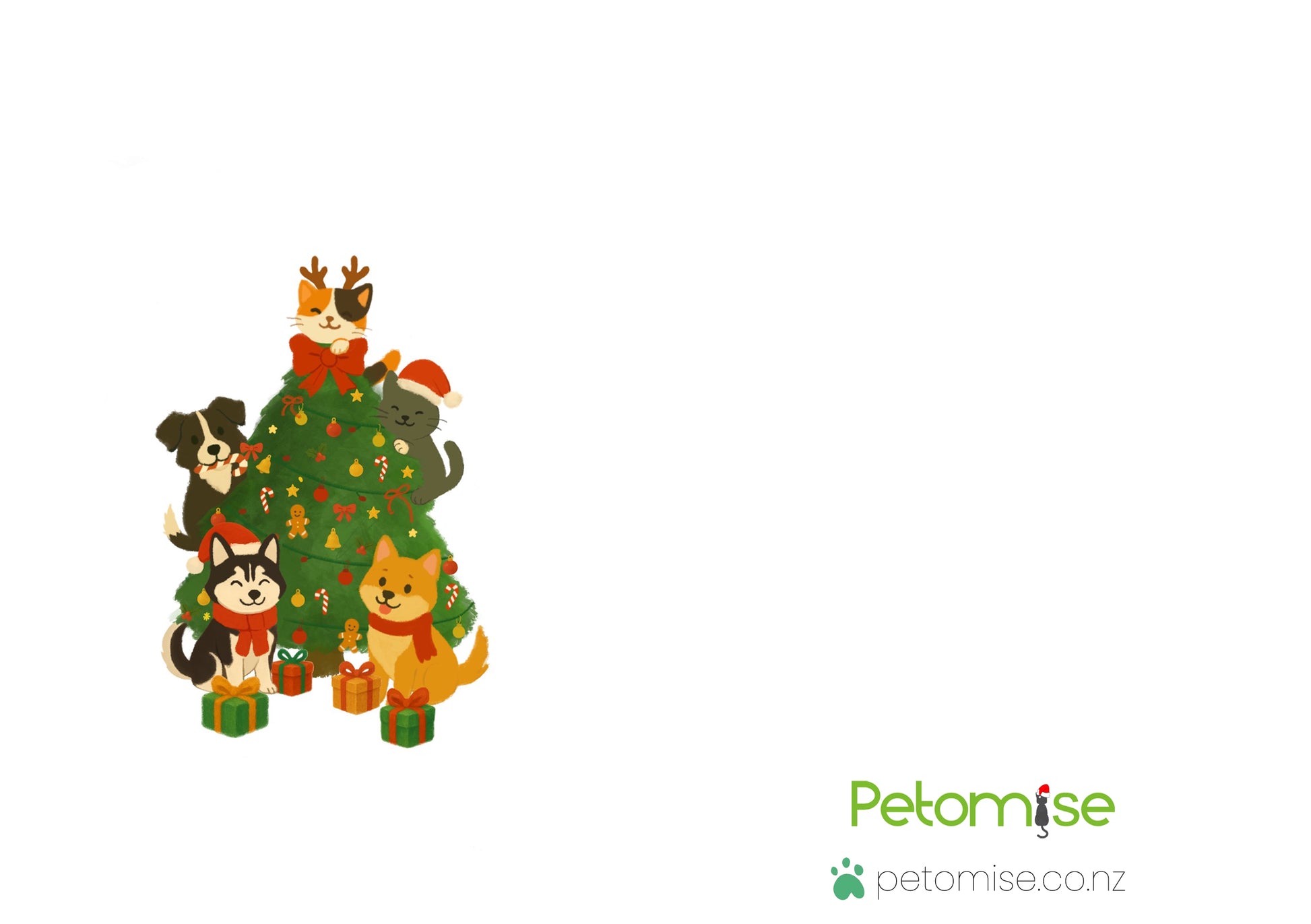 Illustration of animals on a Christmas tree with 'Petomise' branding.