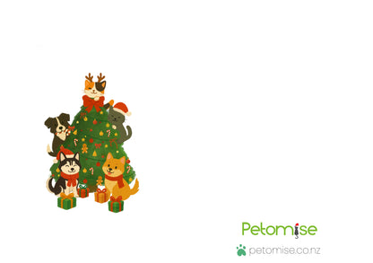 Illustration of animals on a Christmas tree with 'Petomise' branding.