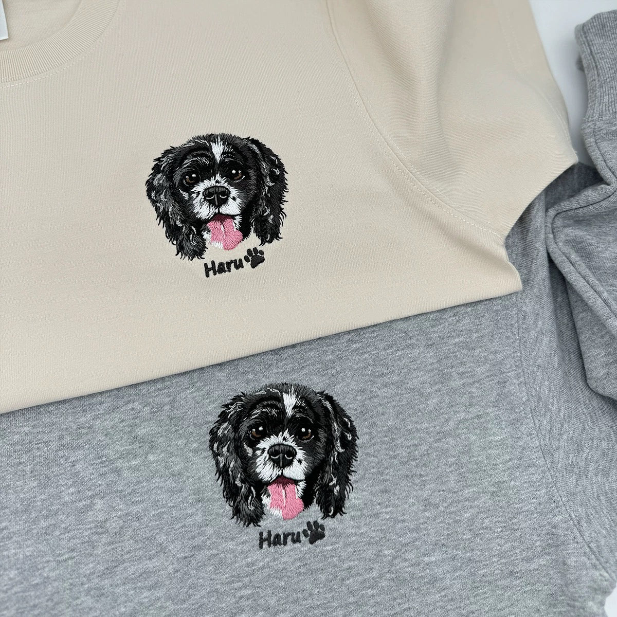 beige and gray personalized embroidered T-shirts with a unisex design,