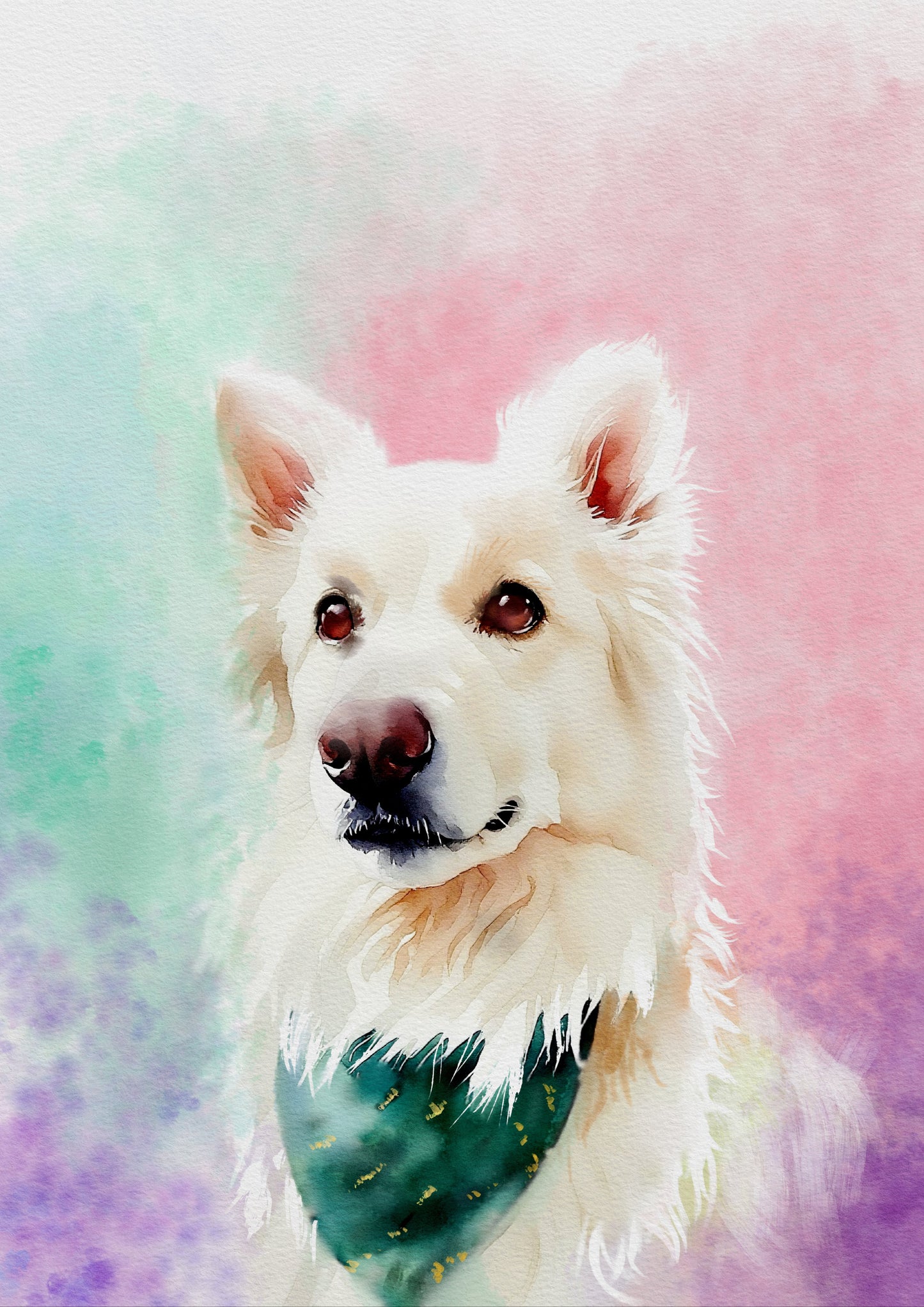 White dog with a colorful watercolor background