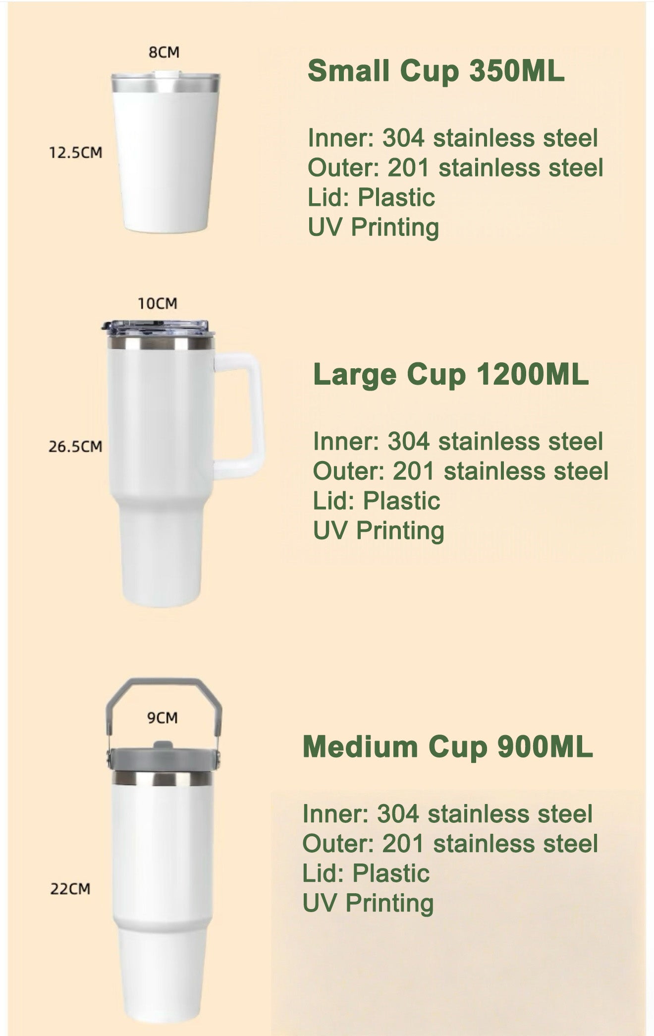 Three different sizes of white tumblers with measurements and material details on a beige background