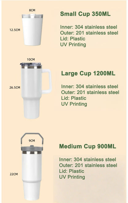 Three different sizes of white tumblers with measurements and material details on a beige background