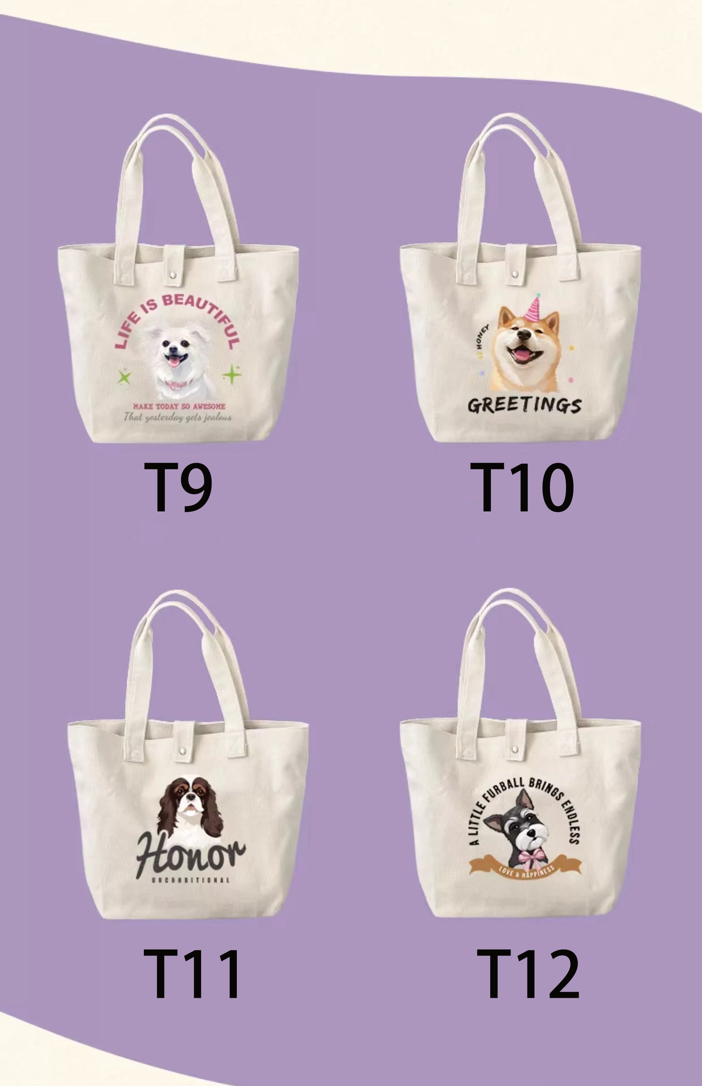 Four tote bags with dog illustrations and text on a purple background.