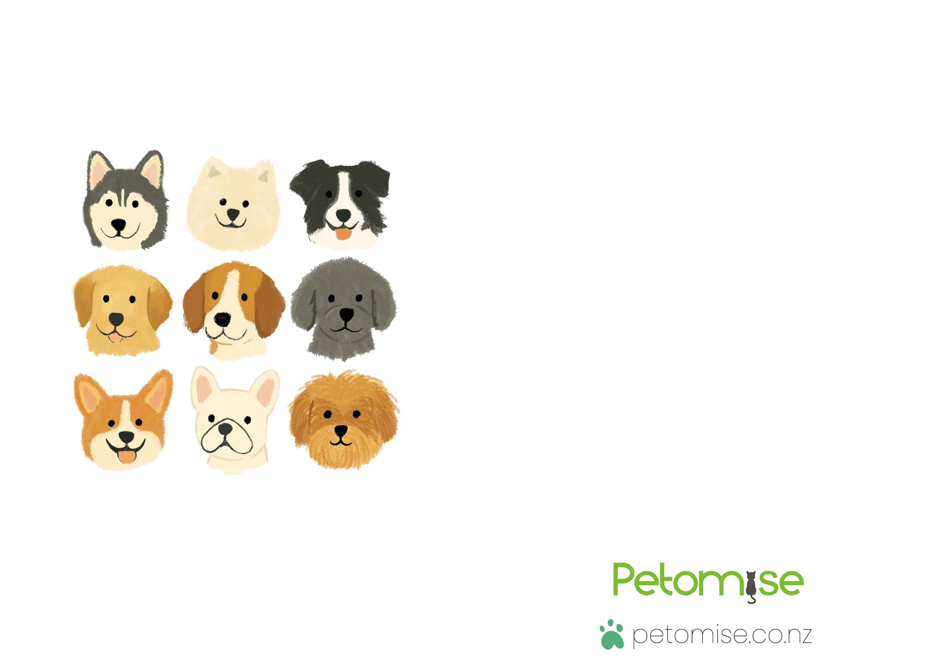 Illustrations of various dog breeds arranged in a grid on a white background with 'Petomise' branding.