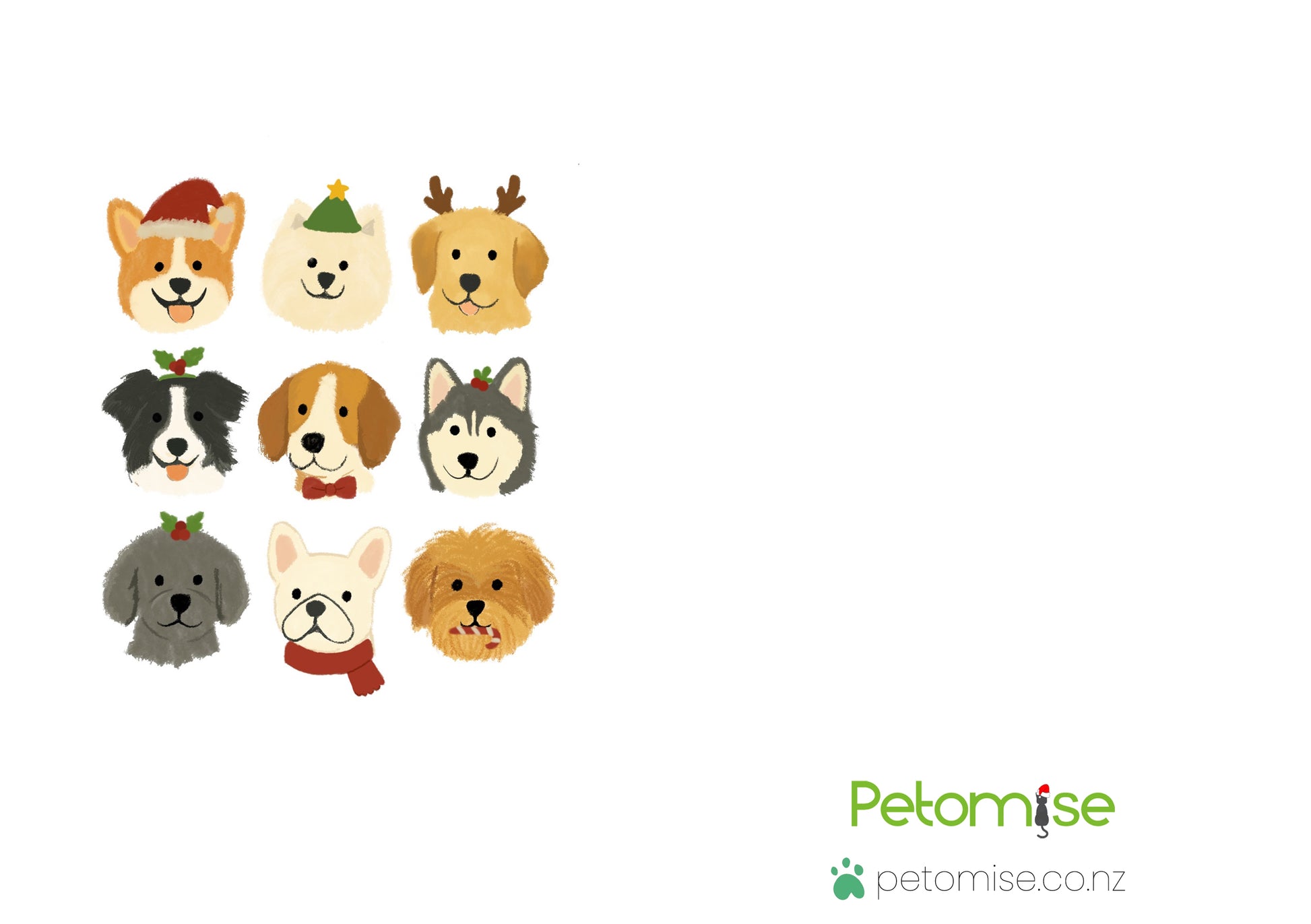 Illustrations of dogs wearing festive hats and scarves on a white background with 'Petomise' branding.