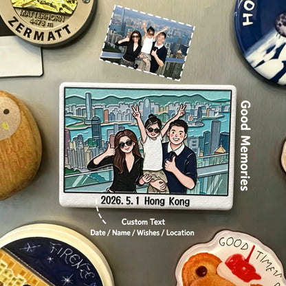 Custom ceramic fridge magnet showing an illustrated family portrait against the Hong Kong skyline, with a personalised date.