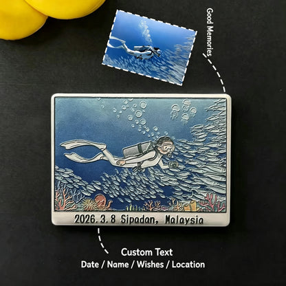 Personalised 3D ceramic fridge magnet featuring a scuba diver and fish, with custom Sipadan travel text