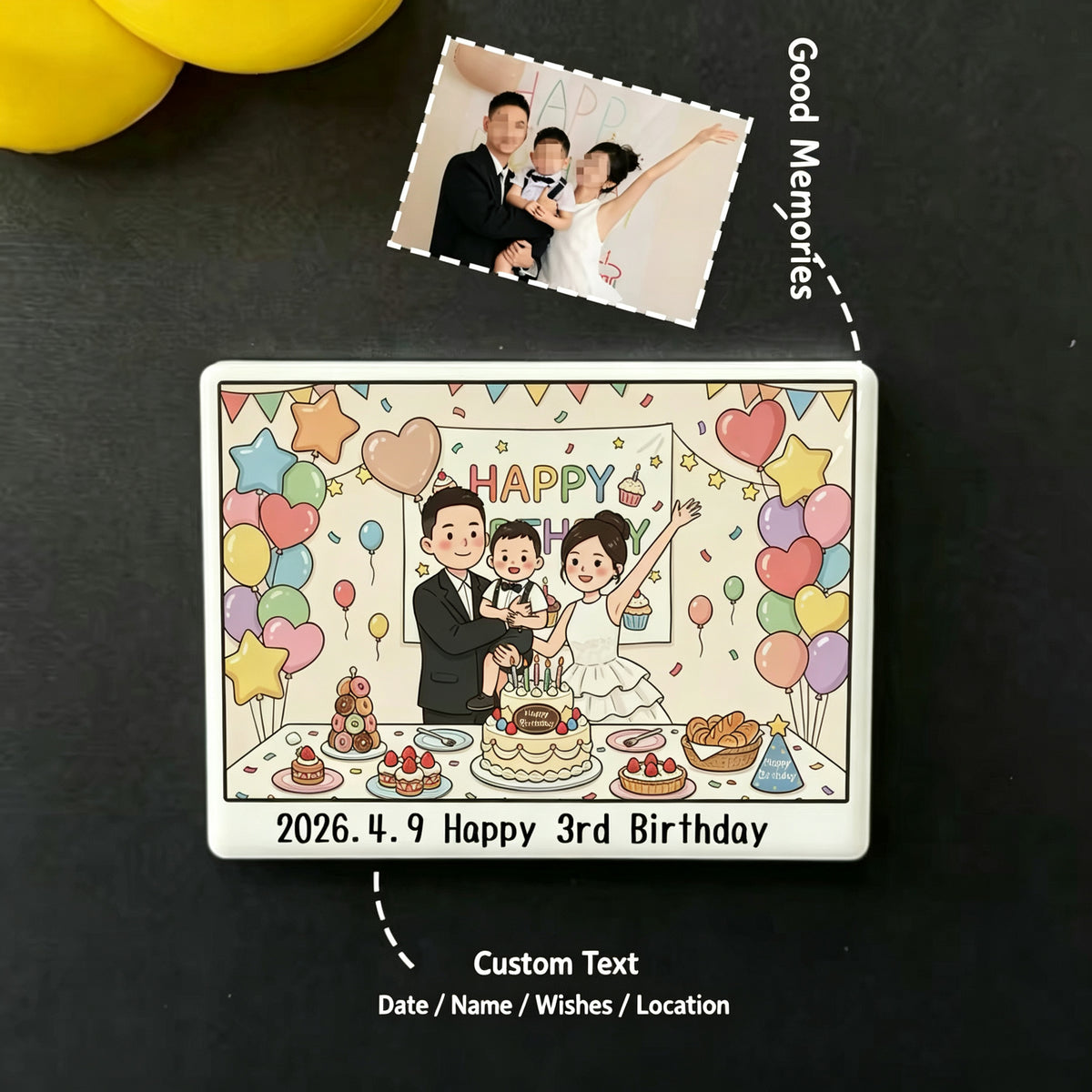Personalised ceramic fridge magnet with an illustrated family birthday scene, colourful balloons and custom third birthday text.