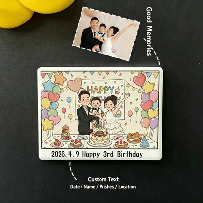 Personalised ceramic fridge magnet with an illustrated family birthday scene, colourful balloons and custom third birthday text.