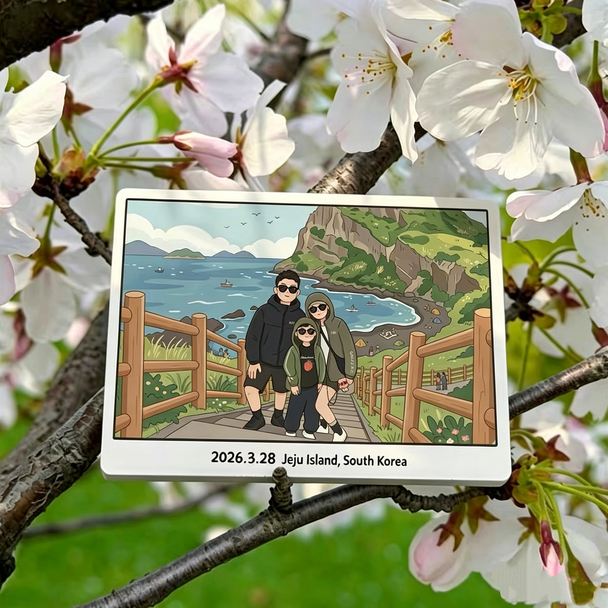 Custom ceramic fridge magnet featuring an illustrated family at Jeju Island, displayed among white blossoms