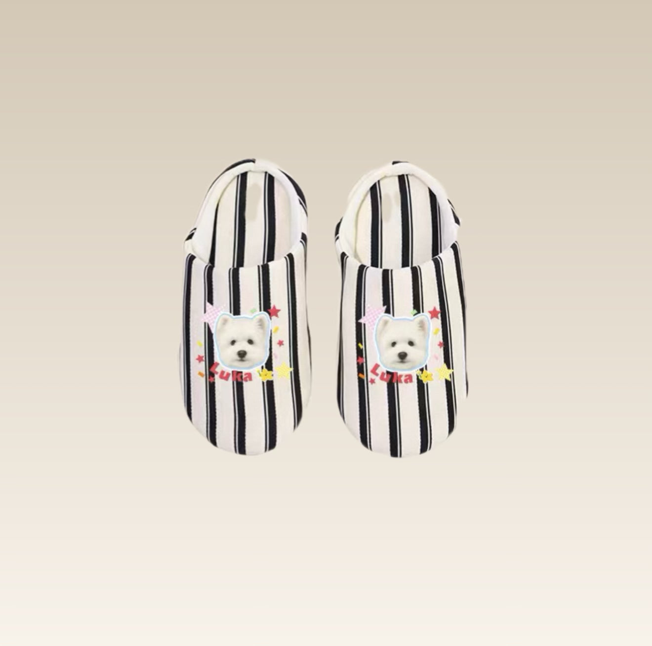 Pair of black and white striped slippers with a dog design 