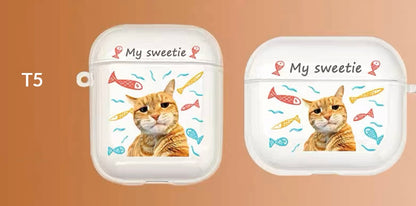A custom AirPods case with a cat's face and the text 'My sweetie', along with decorative flowers and hearts.