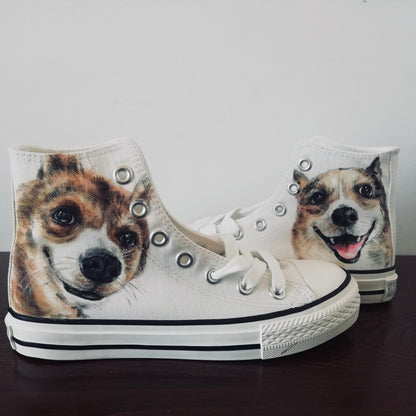 A pair of hand-painted canvas high-top sneakers featuring an illustration of two dogs on a white background, with lace-up closure.