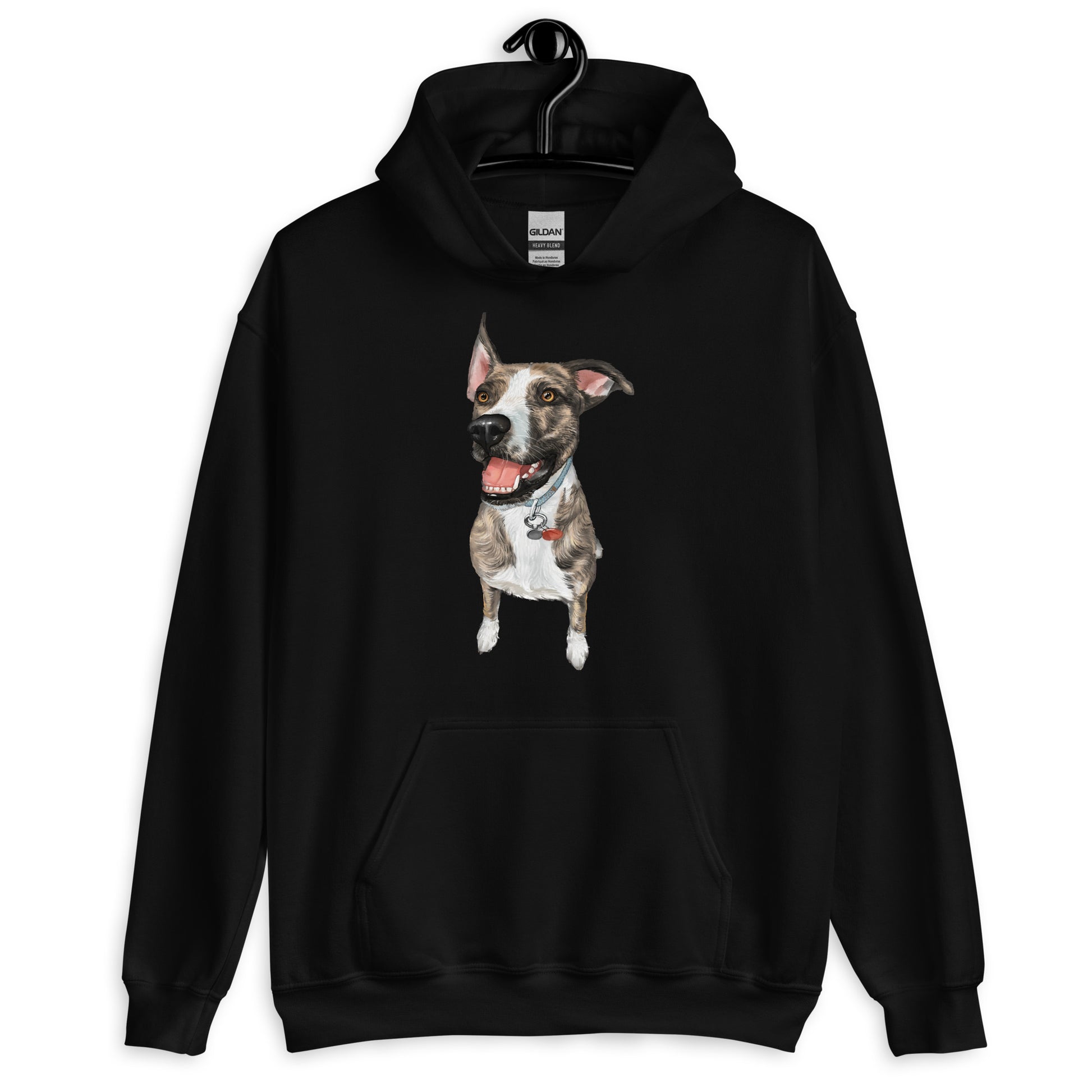 A black hoodie featuring a custom printed photo of a dog on the front.