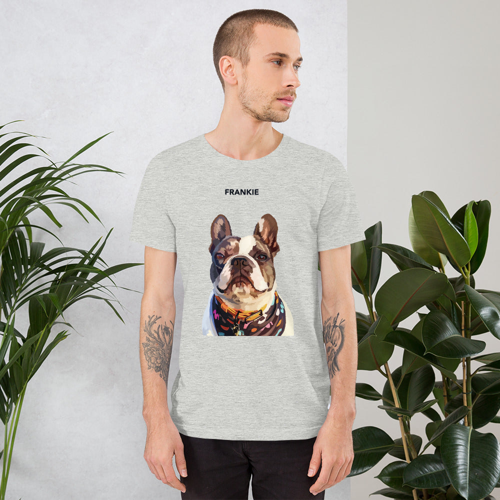 A person wearing a grey custom unisex T-shirt with a printed photo of a dog on the front.