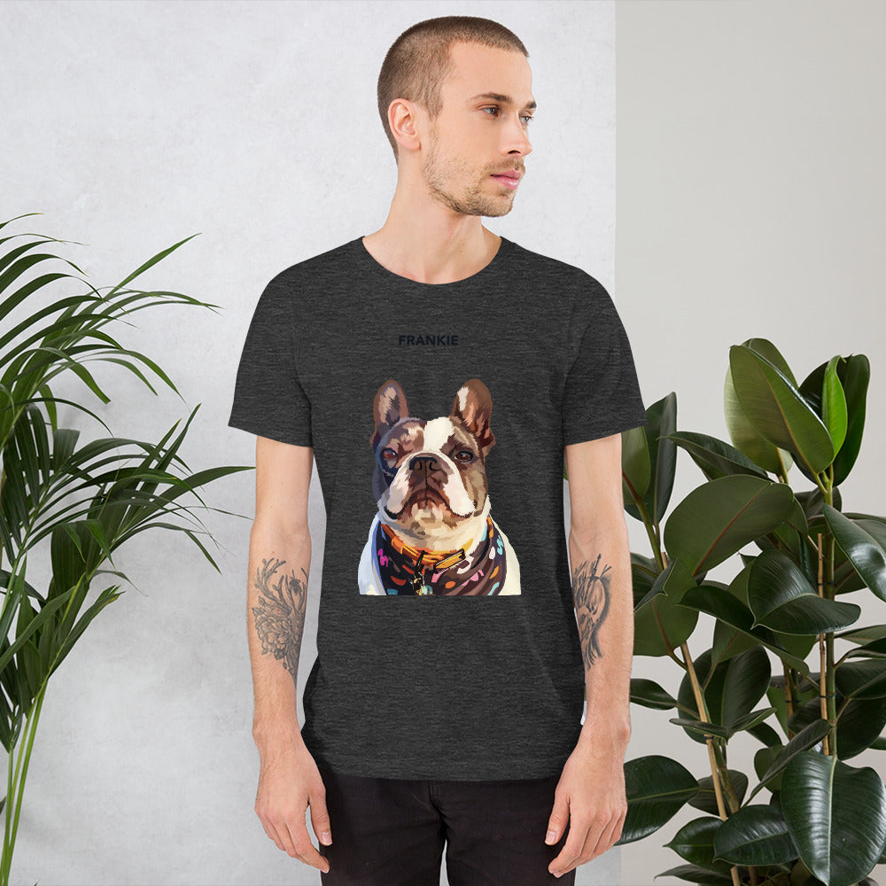 A person wearing a dark grey custom unisex T-shirt with a printed photo of a dog on the front.