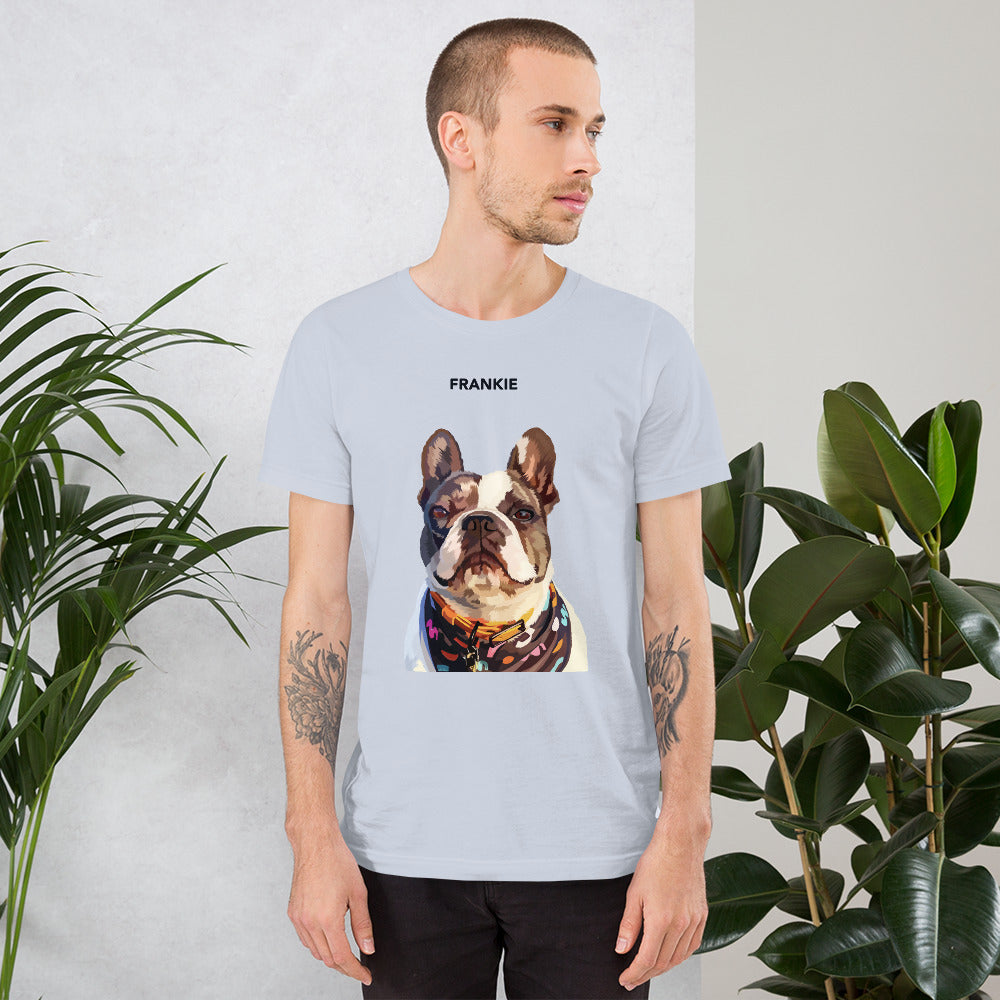 A person wearing a light blue custom unisex T-shirt with a printed photo of a dog on the front.