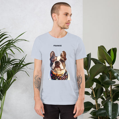 A person wearing a light blue custom unisex T-shirt with a printed photo of a dog on the front.