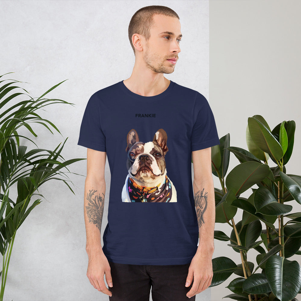 A person wearing a navy custom unisex T-shirt with a printed photo of a dog on the front.