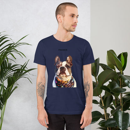 A person wearing a navy custom unisex T-shirt with a printed photo of a dog on the front.