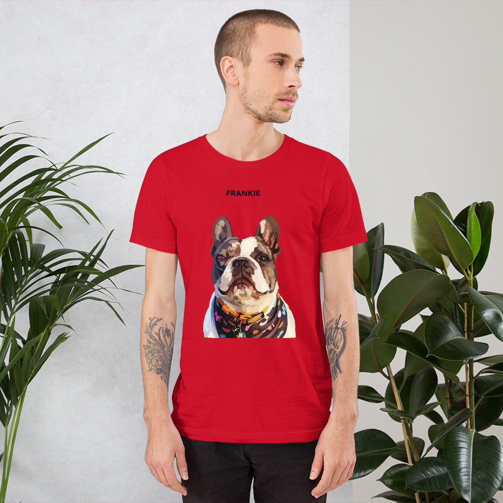 A person wearing a red custom unisex T-shirt with a printed photo of a dog on the front.