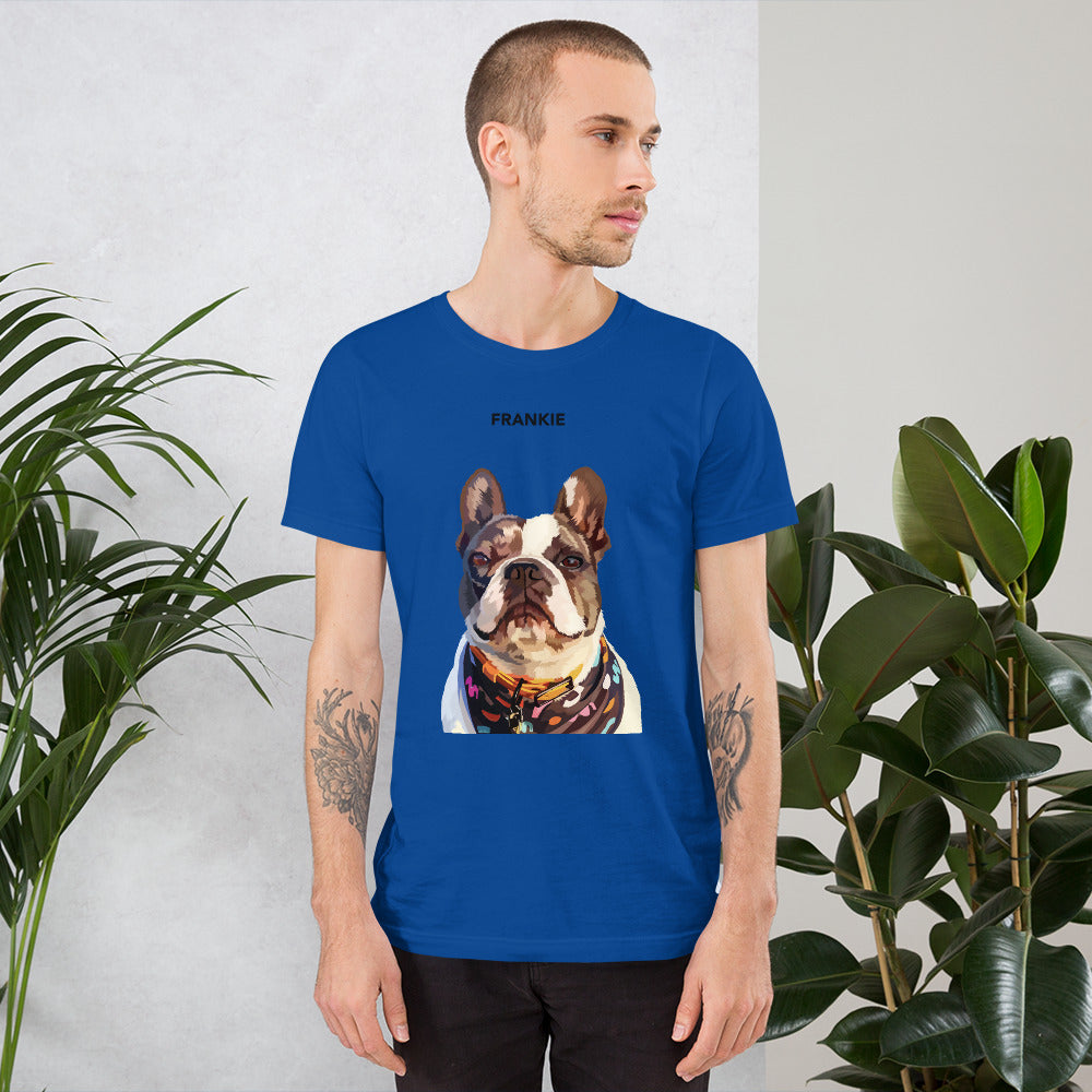 A person wearing a blue custom unisex T-shirt with a printed photo of a dog on the front.