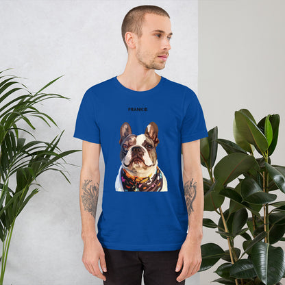A person wearing a blue custom unisex T-shirt with a printed photo of a dog on the front.