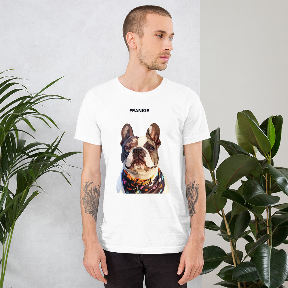 A person wearing a white custom unisex T-shirt with a printed photo of a dog on the front.